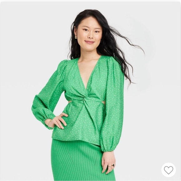 - Women’s puff long sleeve V- neck twist front top - Picture 1 of 3